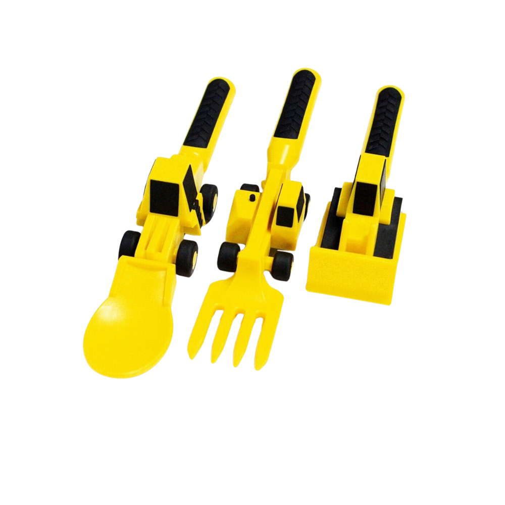 Conjunto de pratos e talheres criativos da marca Constructive Eating, utensílios de cozinha coloridos e divertidos.