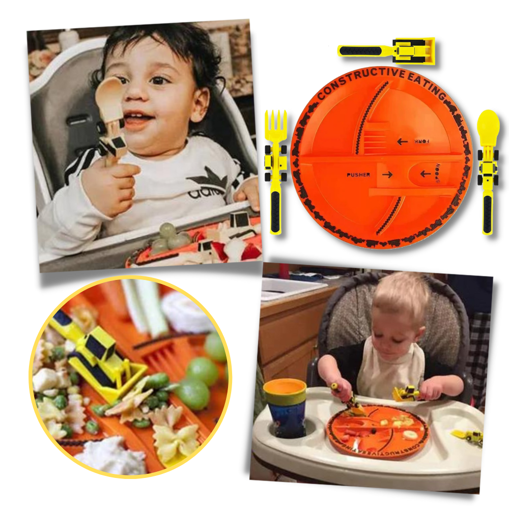 Conjunto de pratos e utensílios de cozinha da Constructive Eating, estimulando habilidades motoras e criatividade na alimentação.