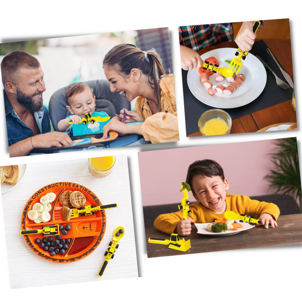 Conjunto de pratos e utensílios de cozinha da Constructive Eating, design criativo para refeições divertidas e funcionais.