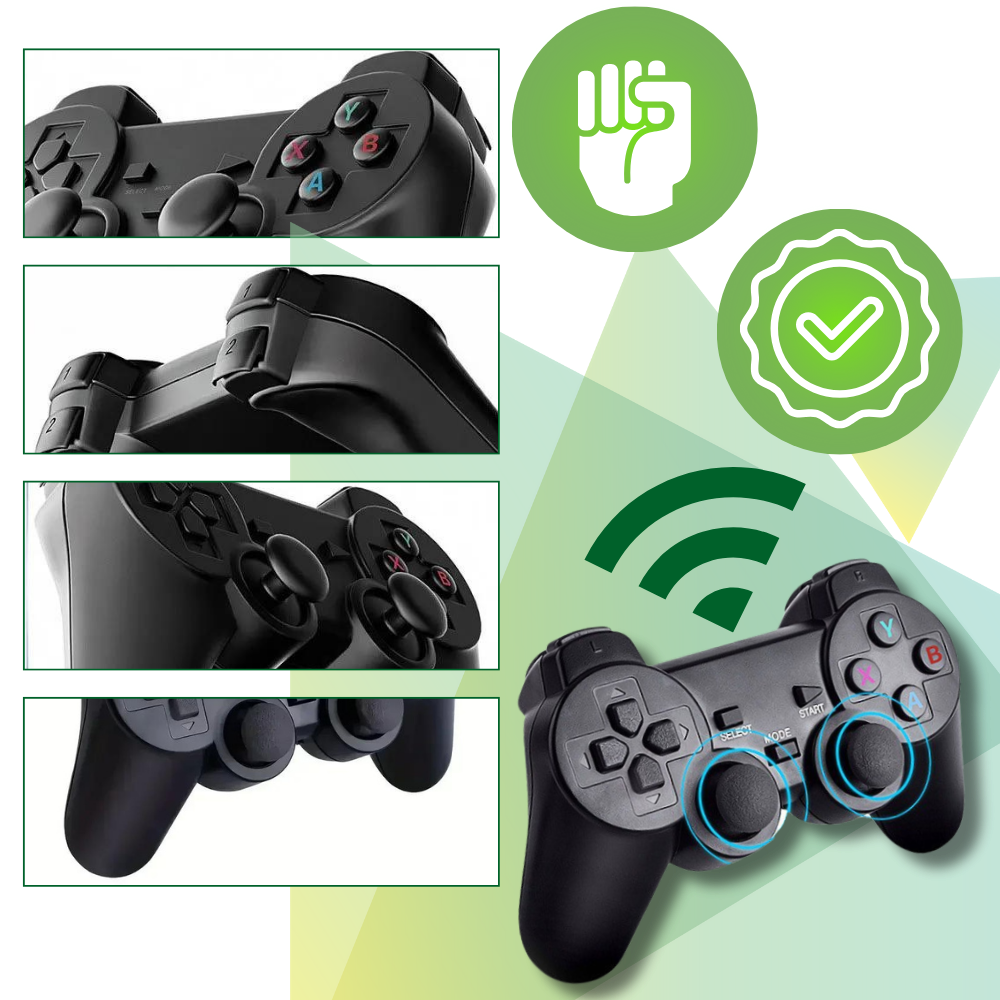 Console de jogos retro Crzm com mais de 20.000 títulos, mostrando o console e seus controles clássicos.