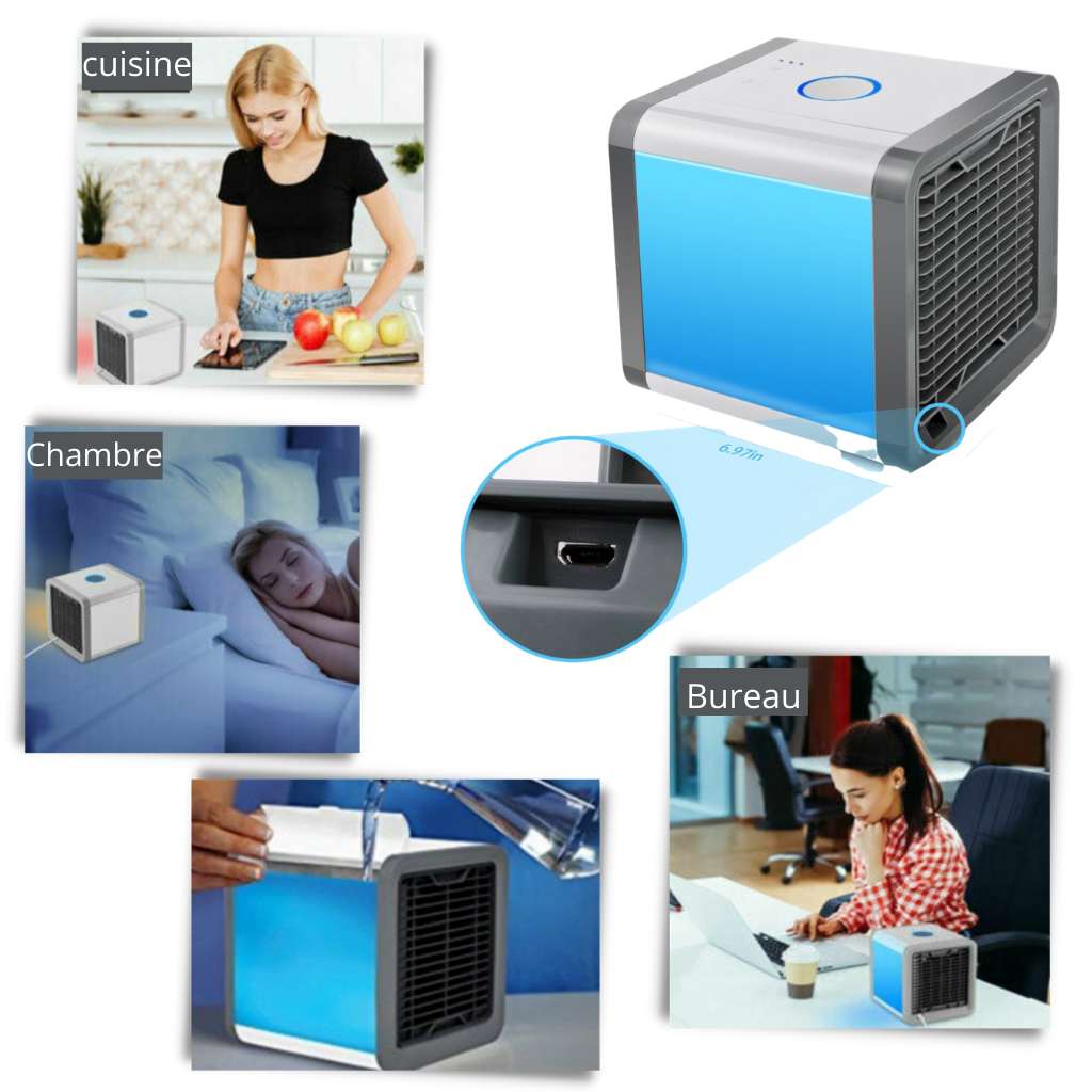 Mini climatiseur USB da Cshpo, dispositivo compacto de ventilação e refrigeração, para uso portátil e eficiente.