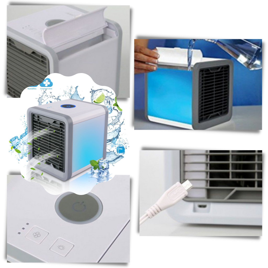 Mini climatiseur USB Cshpo para resfriar e ventilar, compacto aparelho de climatização portátil.