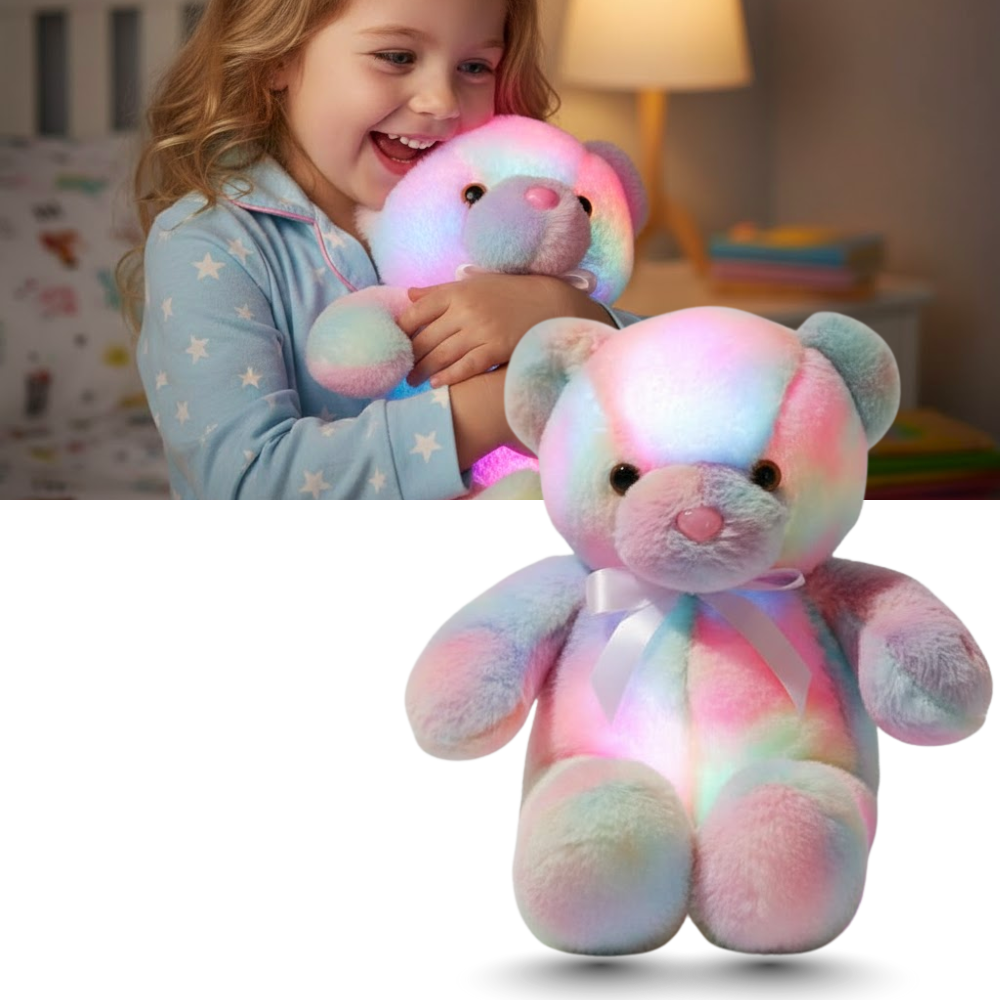 Urso de pelúcia luminoso LED da Favolook, brinquedo macio e fofo com luz suave, ideal para crianças.