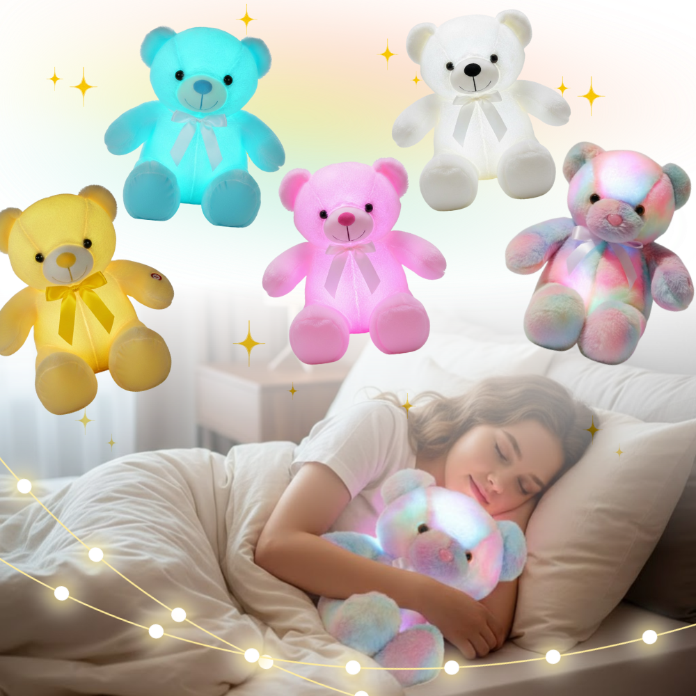 Peluche luminosa em forma de ursinho da Favolook, brinquedo de pelúcia macio com luz LED para ambiente aconchegante.