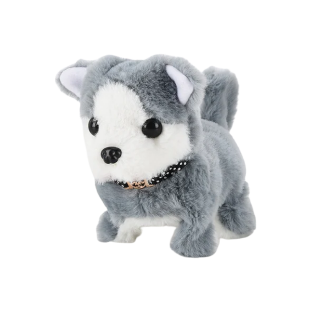 Boneca interativa de cachorrinho husky Kenmeko, brinquedo fofinho, com detalhes realistas para diversão e interação.