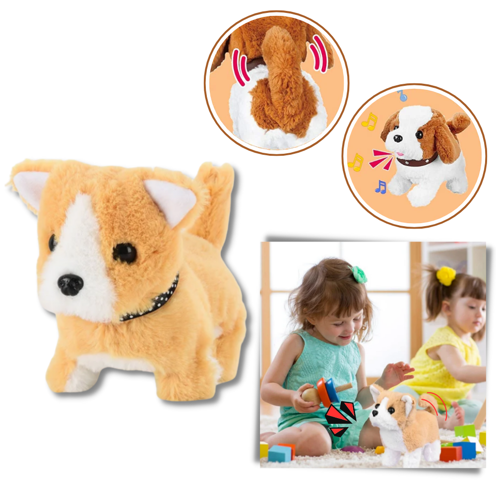 Boneca interativa Kenmeko para filhotes, com pelúcia macia e recursos de truques e carícias, ideal para brincadeiras e interação.