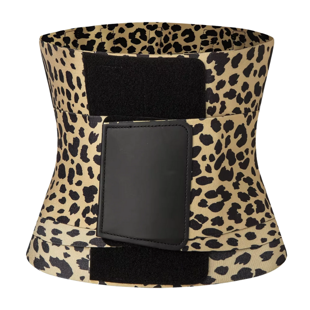 Corset minceur Homyl de cintura, sob o vestido, com estampa de leopardo amarelo, feito de tecido sob medida para modelar a silhueta.