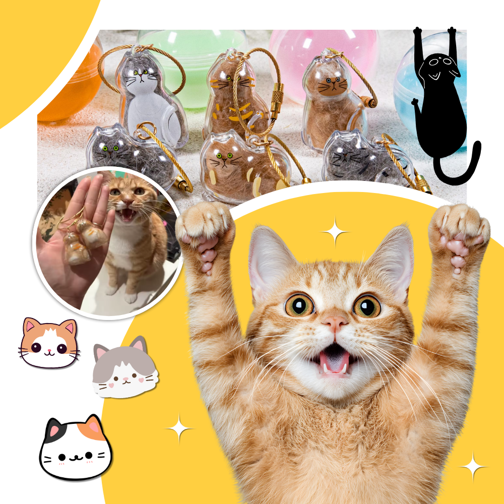 Capsule porte-clés com pelos de gato, acessório para animais de estimação, com detalhe fofo de pelo de gato e sininho.