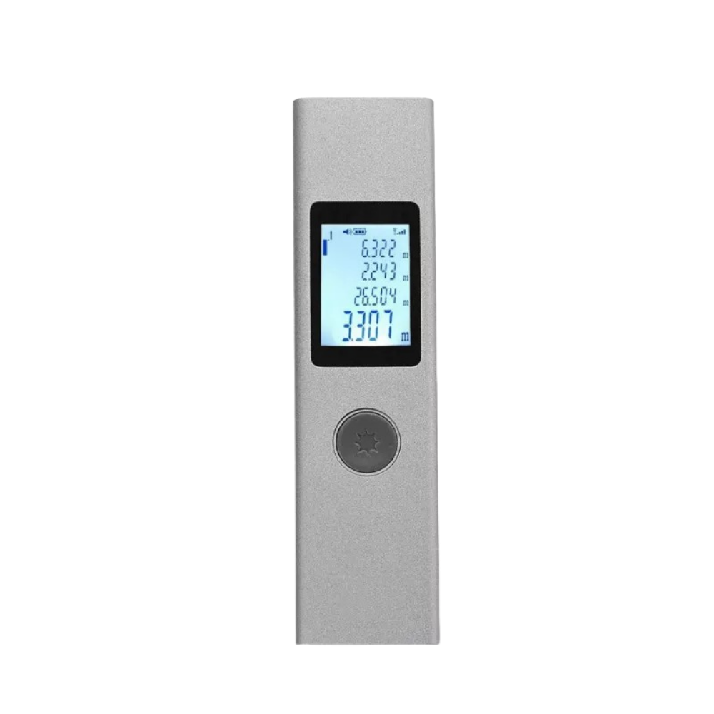 Télémètre laser digital inteligente Daakro, ferramenta de medição com display e funções de detecção, em uso.