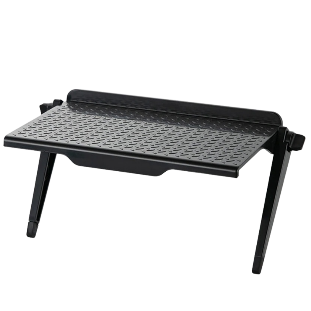 Bureau multifuncional Daciye preto com prateleira para monitor, superfície de trabalho ampla e espaço para organização.