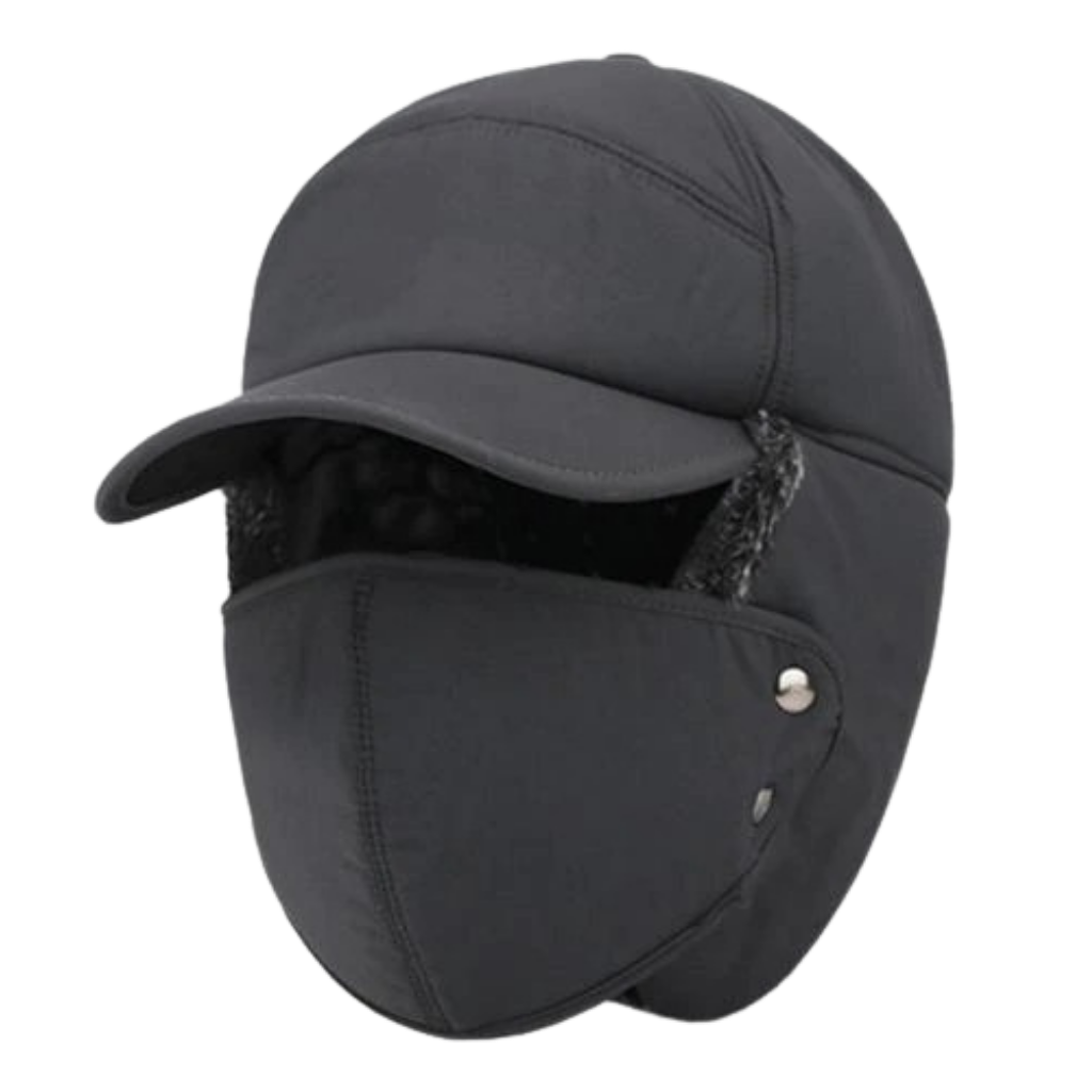 Chapéu coupe-vent unissexe Dadaria azul marinho, com proteção para o rosto e ouvidos, feito de material leve e resistente.