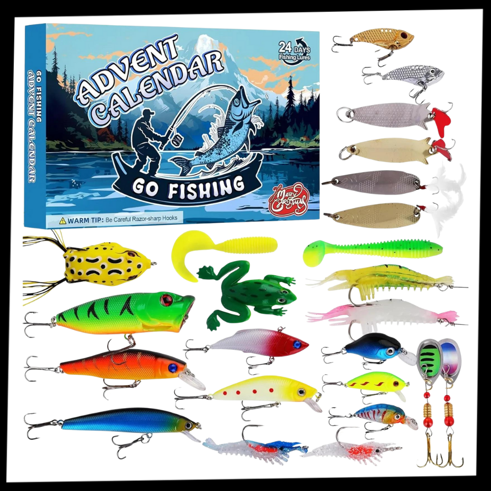 Calendário de Advento de pesca Borang com surpresas diárias para amantes de pesca, incluindo itens e novidades relacionadas à pesca.