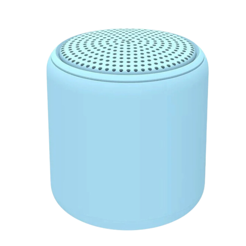 Mini alto-falante Bluetooth Floepx com graves profundos e design compacto, ideal para áudio portátil em azul céu.