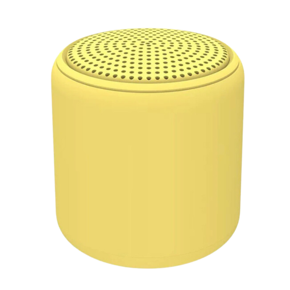 Mini alto-falante Bluetooth Floepx com graves profundos, cor amarela vibrante, componentes de áudio portátil e de alta qualidade.