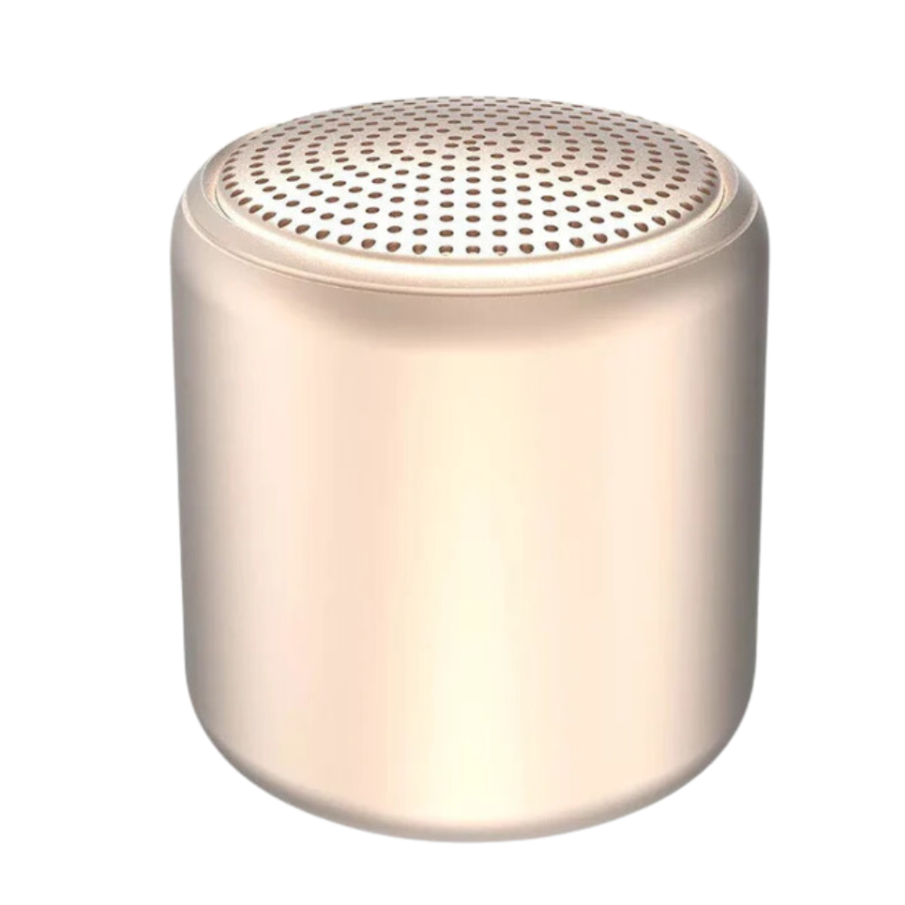 Mini caixa de som Bluetooth Floepx com graves profundos, acabamento dourado, componente de áudio portátil e de alta qualidade.