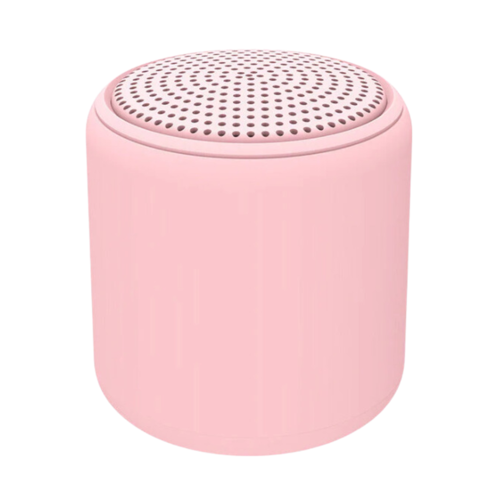 Alto-falante Bluetooth mini Floepx com graves profundos, caixa compacta rosa para áudio portátil e de alta qualidade.