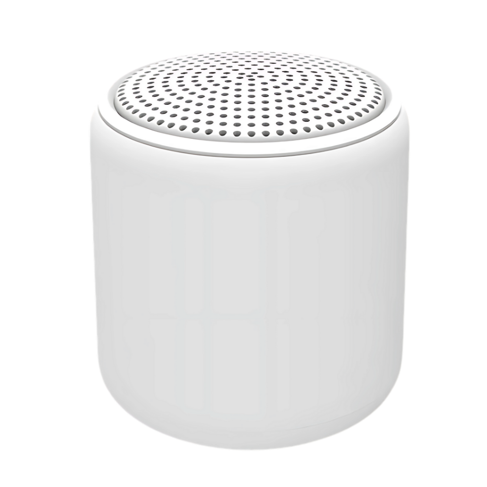 Alto-falante Bluetooth mini branco da Floepx com graves profundos, componentes de áudio para som portátil e potente.