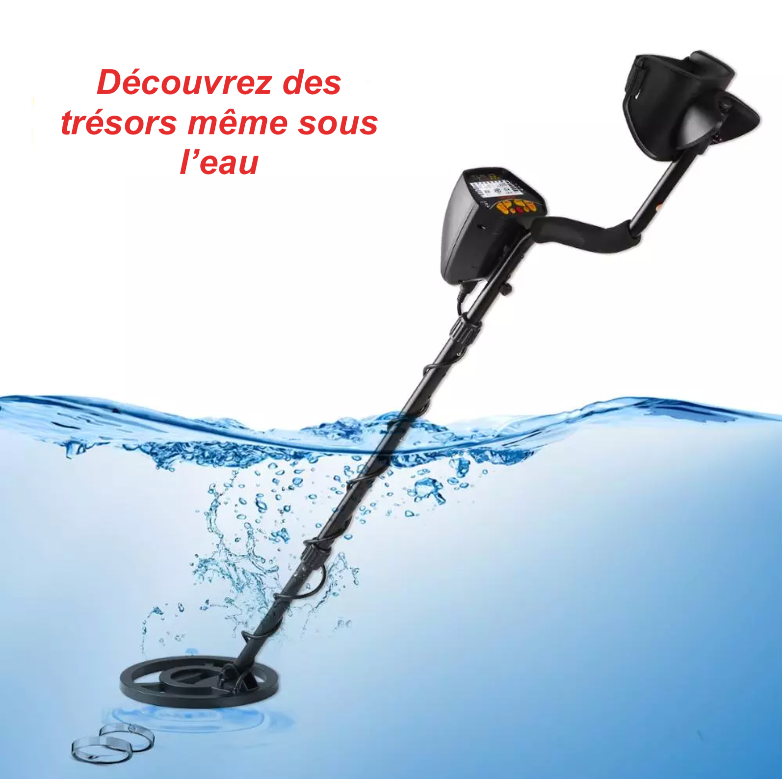 Detectores de metais Gamo Outdoors, modelo à prova d'água, com sensor e cabo visíveis na imagem.