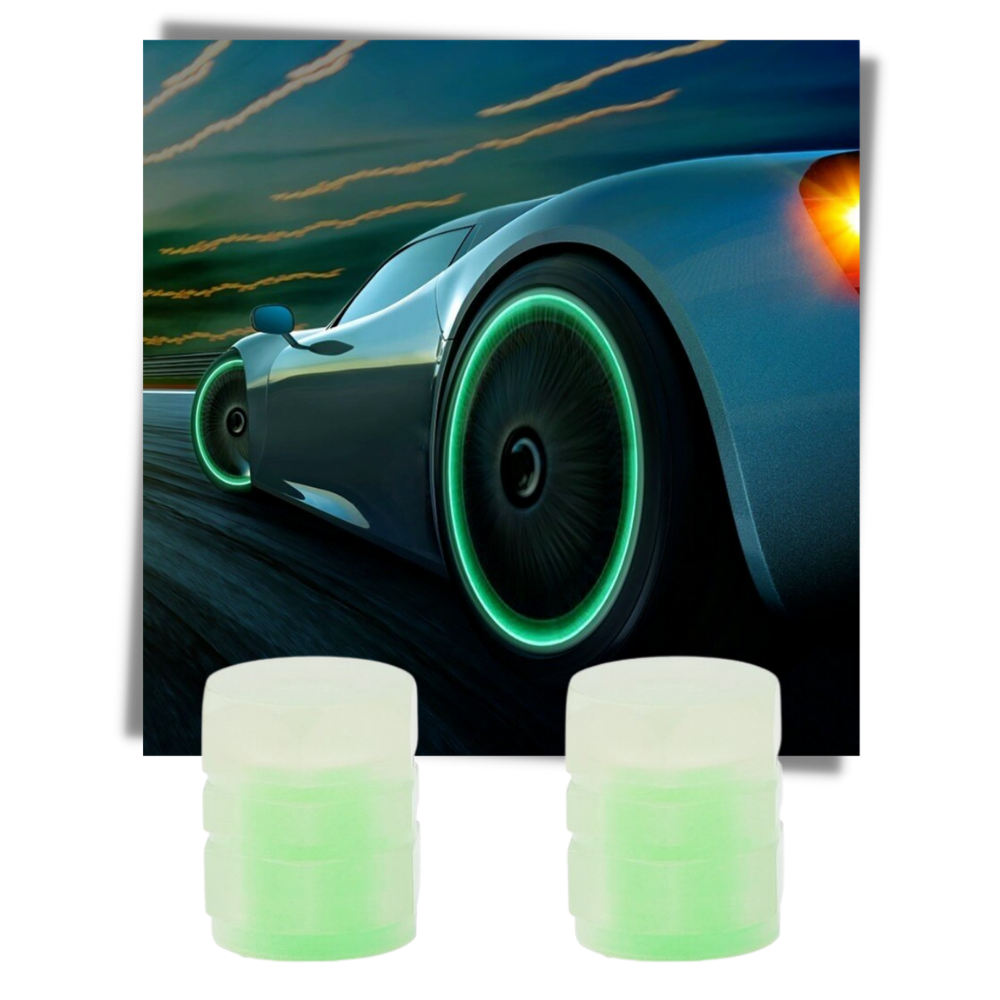 Bouchons de valves lumineux Dicoly pour voitures, pièces détachées automobiles, en bleu, visibles sur la voiture.