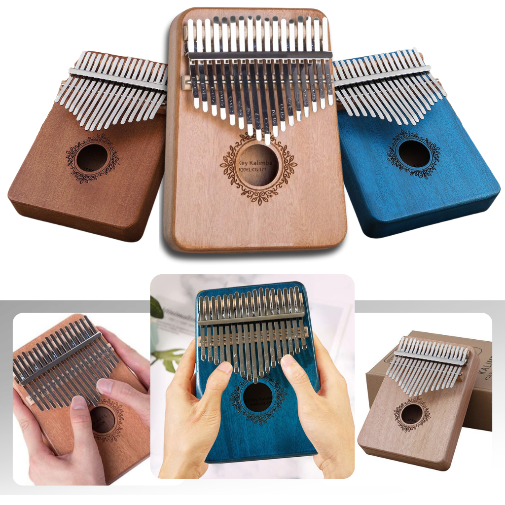 Kalimba Dido de 17 touches, instrumento musical de dedo, com acabamento azul e design compacto para tocar melodias.