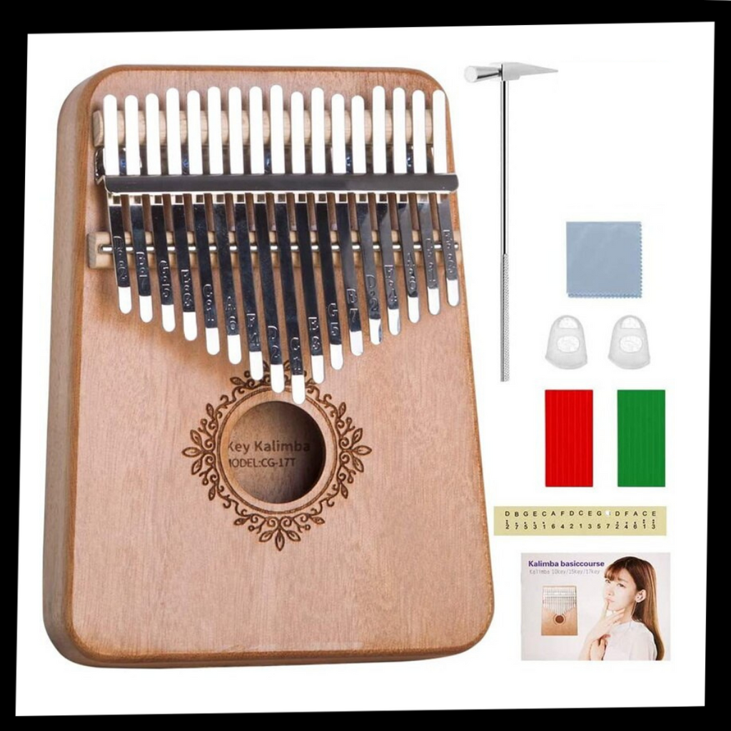 Kalimba de 17 touches da Dido, instrumento de música com corpo azul e teclas de metal, tocando na mão.
