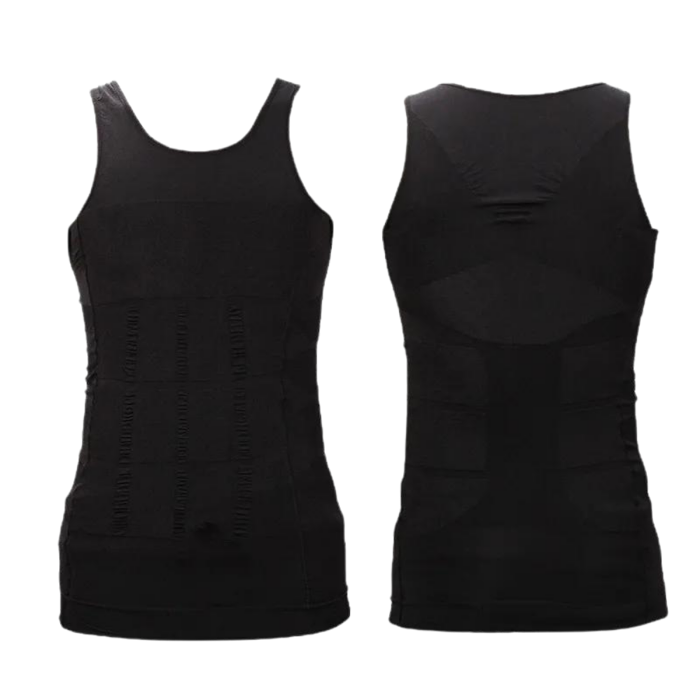 Camisa modeladora masculina preta, vestuário íntimo discreto da Duckyun Inc., ajusta a silhueta e proporciona conforto.