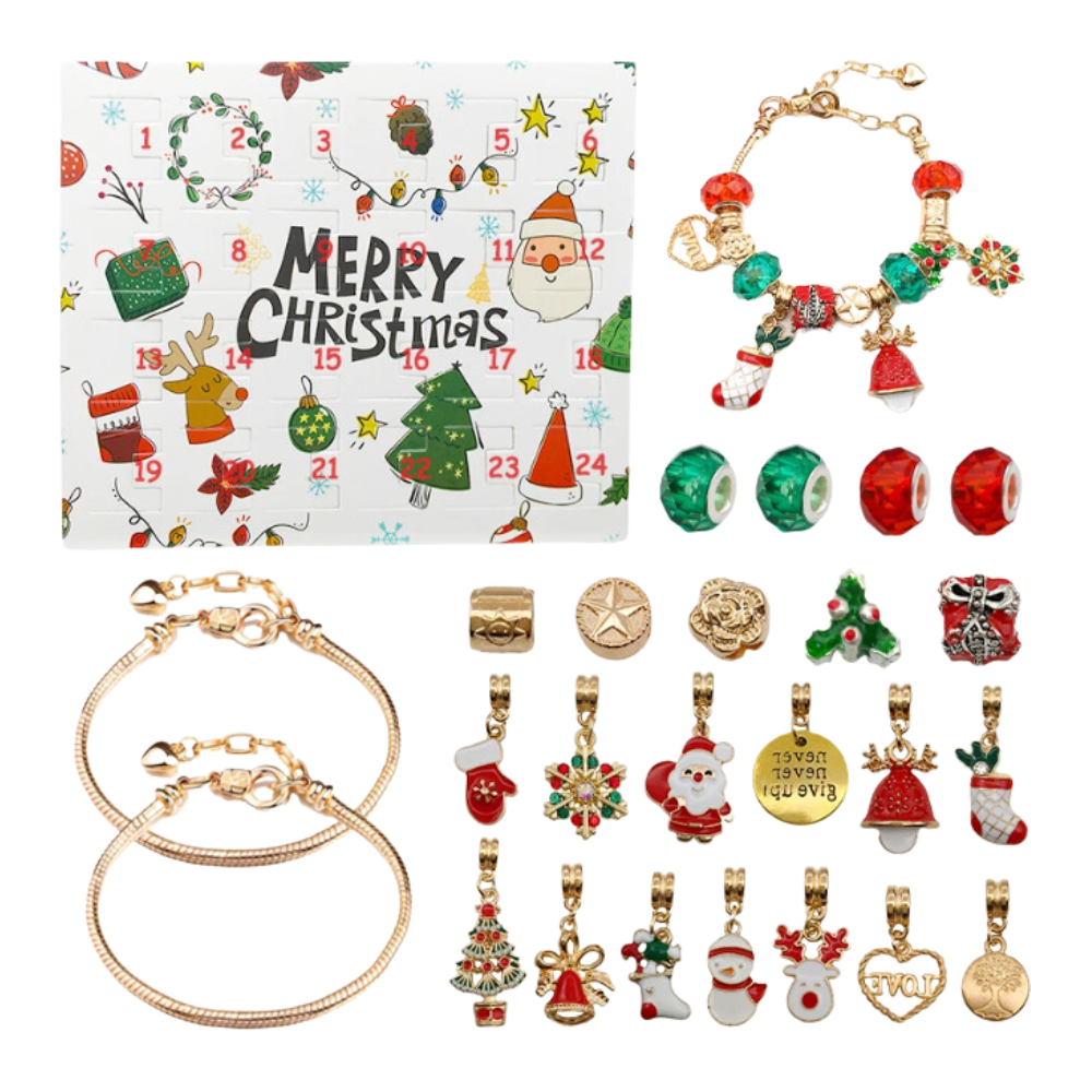 Calendário de Advento de 24 dias para fazer bijuterias, decoração de Natal da marca Ibaste, com acabamento dourado.