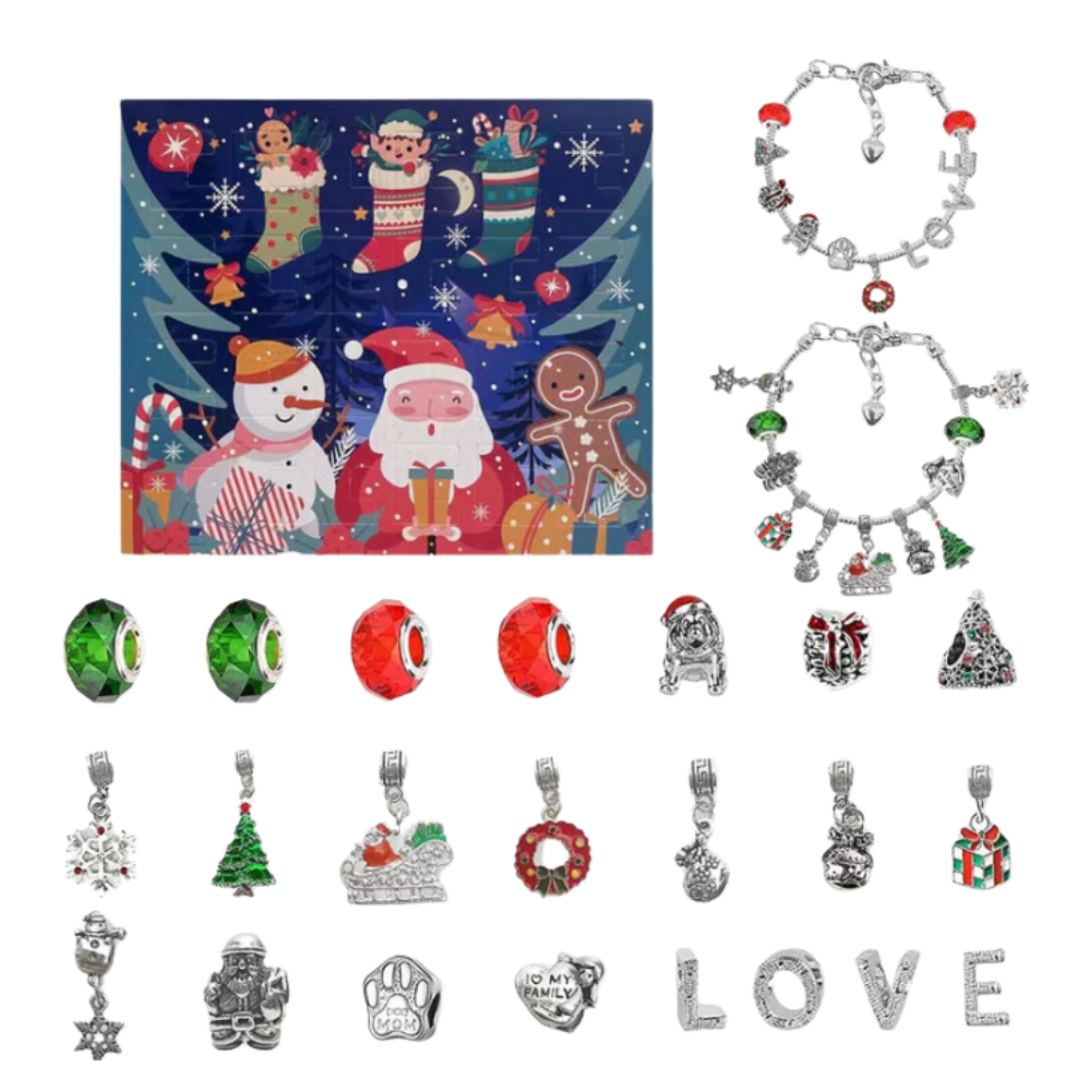 Calendário de Natal com 24 portas para fazer bijuterias DIY, decoração sazonal da Ibaste com tema de amor e festividades.