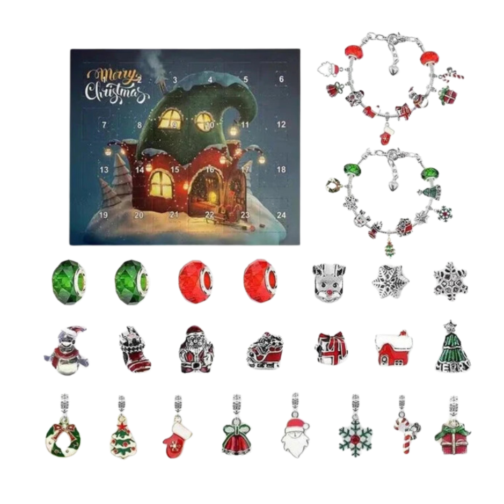 Calendário de Advento de 24 dias para fazer bijuterias, decoração de Natal da marca Ibaste, com elementos natalinos e peças de bijuteria.