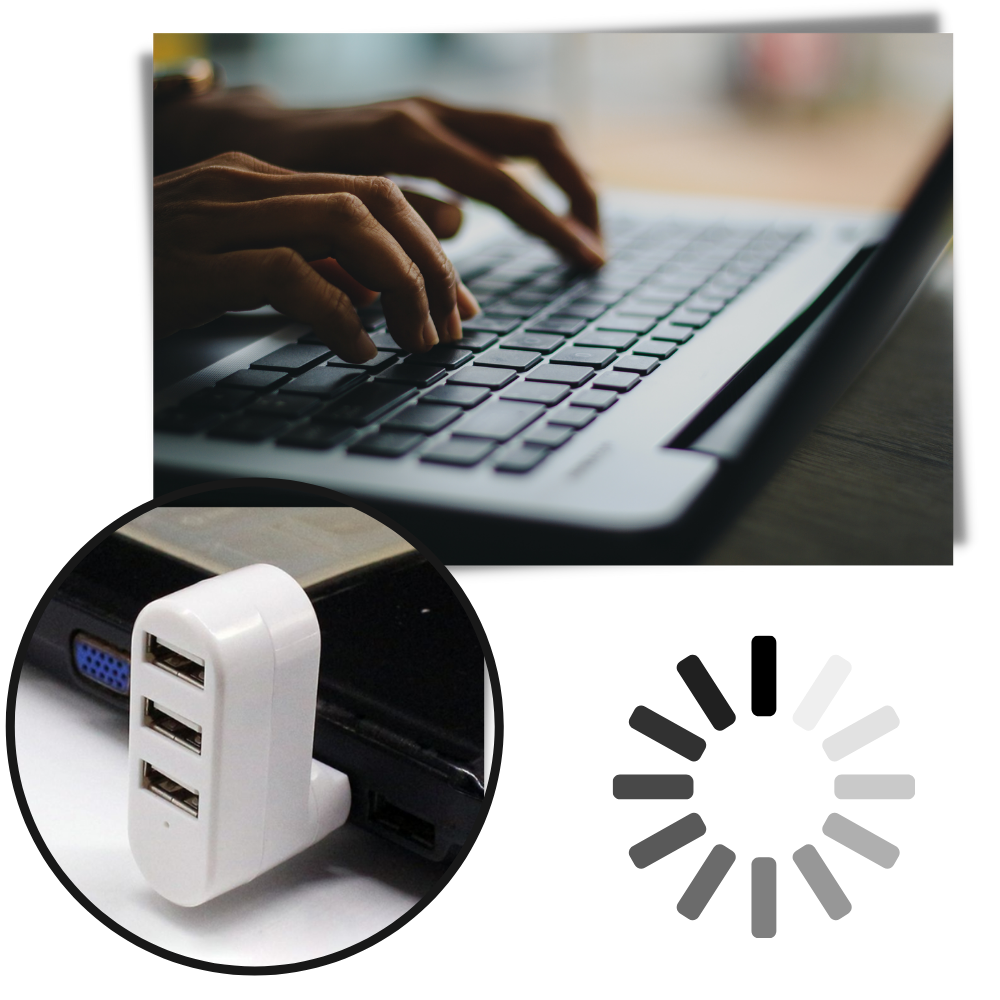 Adaptador rotativo USB multiporta da Dongguan, em acabamento preto, com múltiplas portas para conexão de dispositivos.