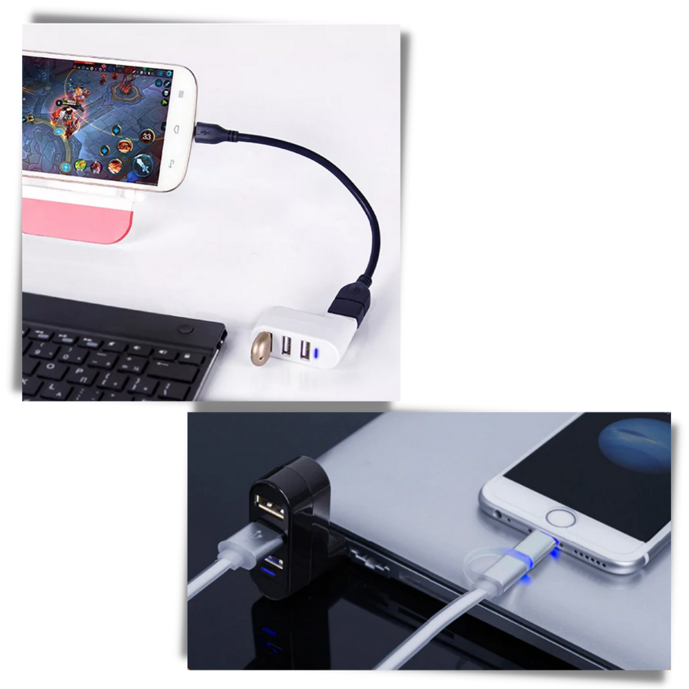 Adaptador rotativo USB multiporta da Dongguan em cor preta, com várias conexões para dispositivos USB.