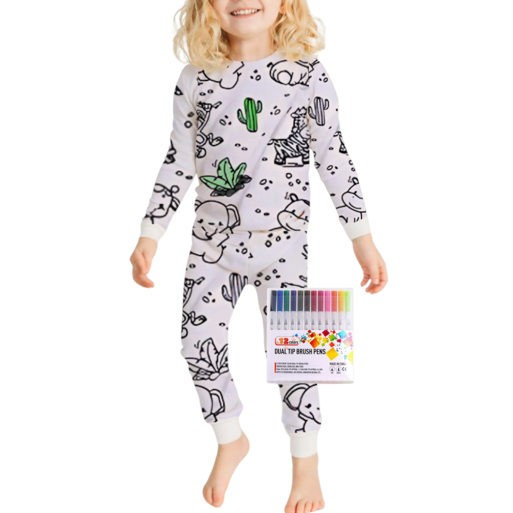 Pijama à colorir da Bjutir com desenhos de animais fofos, roupa de dormir confortável para crianças, estilo doodle.