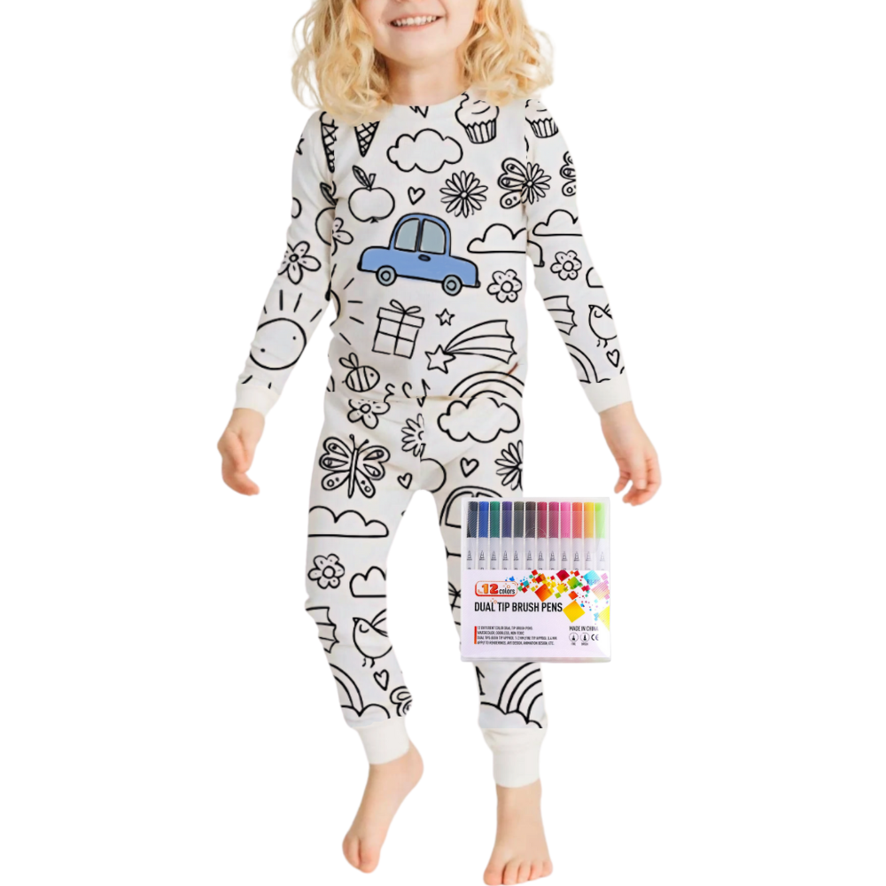Pijama à colorir da Bjutir, roupa de noite confortável com design de doodle para crianças, ideal para relaxar e dormir.