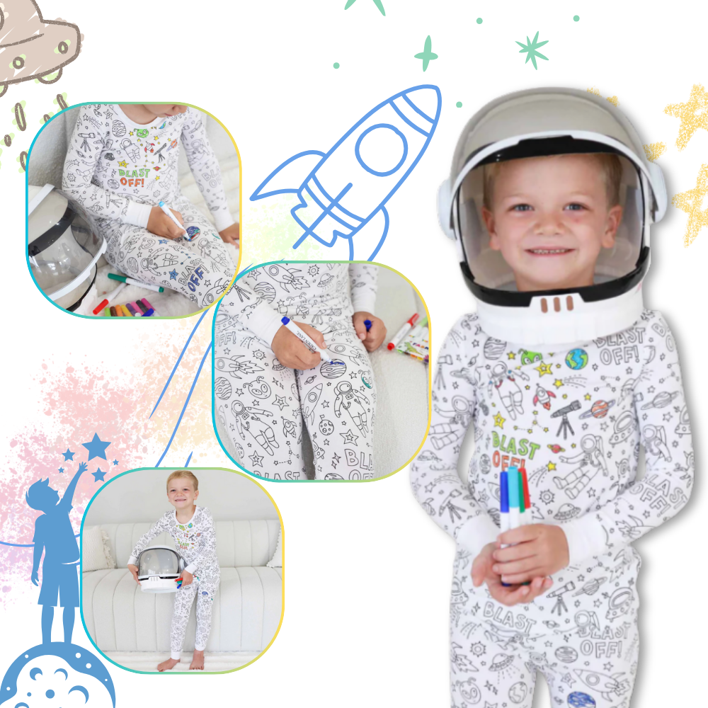 Pijama de dormir para colorir da marca Bjutir, com desenhos de rabiscos e sonhos, roupa confortável para relaxar e criar.