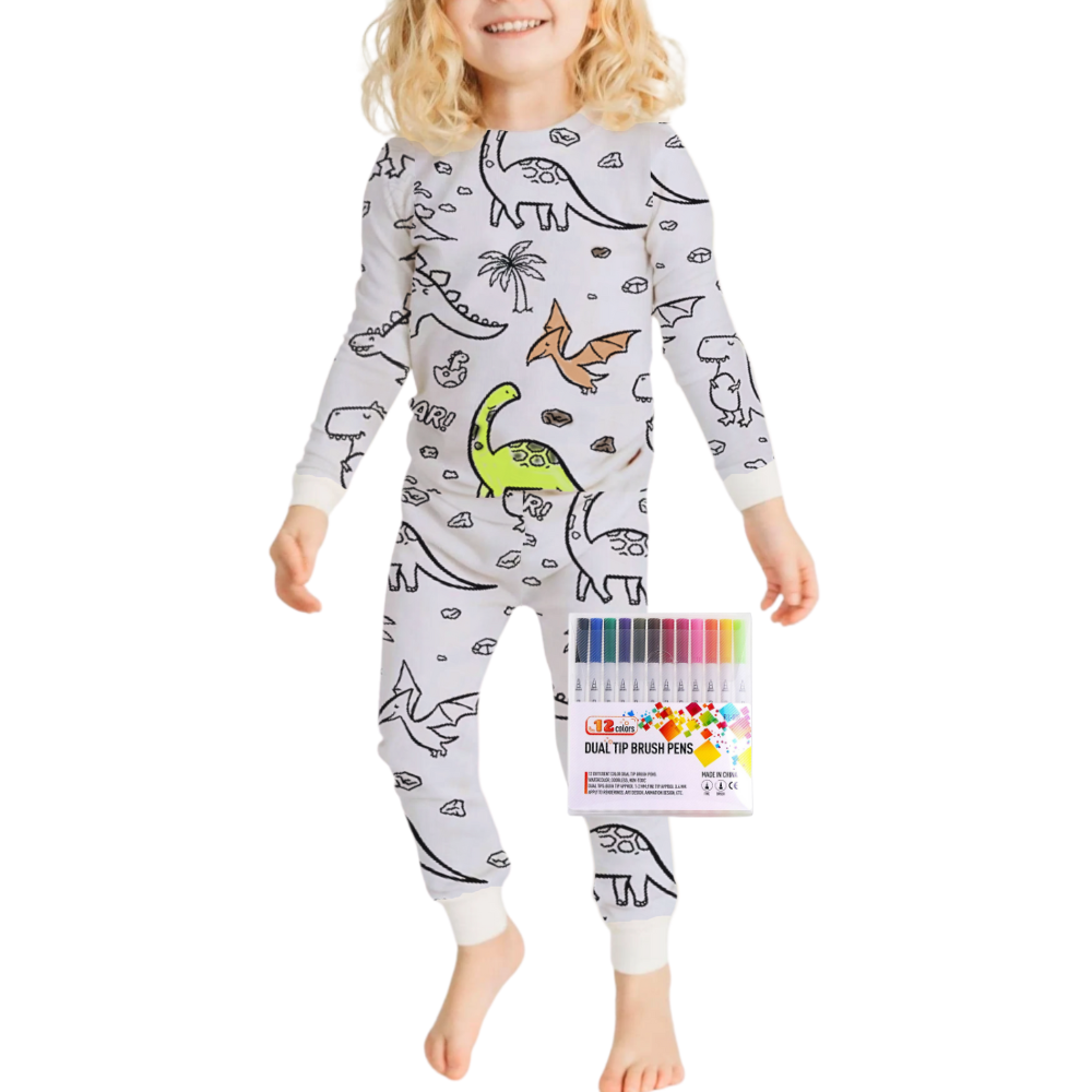 Pijama à colorir da Bjutir com desenho de dinossauros, roupa de dormir confortável e divertida para crianças.