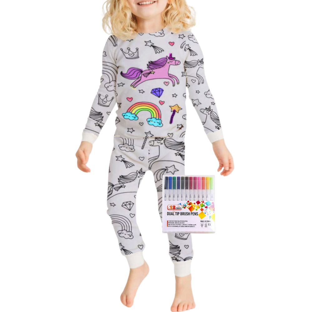 Pijama à colorir Bjutir com desenho de cavalo encantado, roupa de dormir e relaxamento para crianças, estilo doodle, confortável e divertido.