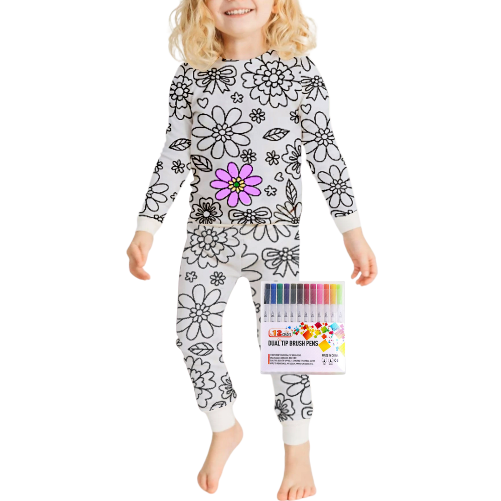 Pijama à colorir da Bjutir com estampa de desenhos de flores, roupa de dormir confortável para crianças e relaxamento.