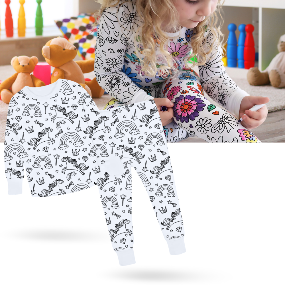 Pijama à colorir da Bjutir, roupa de dormir com desenhos de rabiscos para personalizar, confortável e divertido para relaxar.