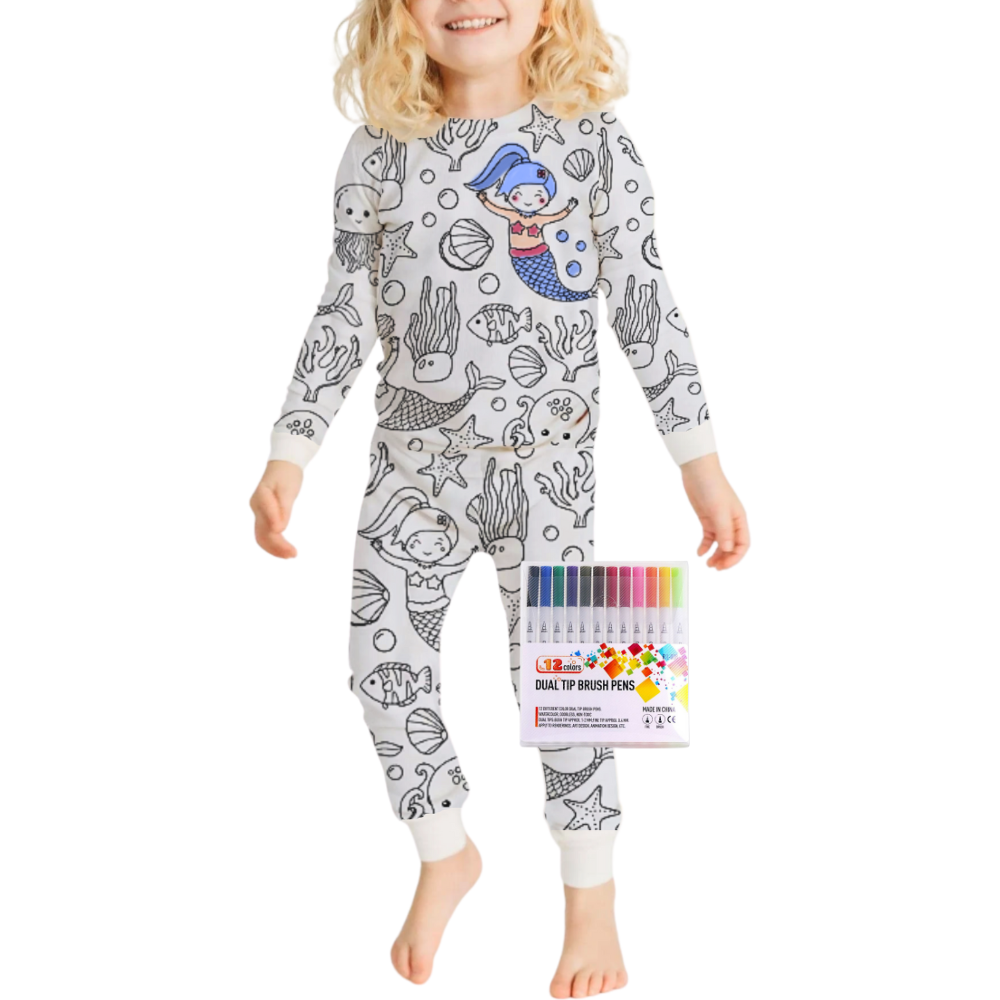 Pijama à colorir da Bjutir com desenho de sereia e elementos de sonho, roupa de dormir confortável para crianças.