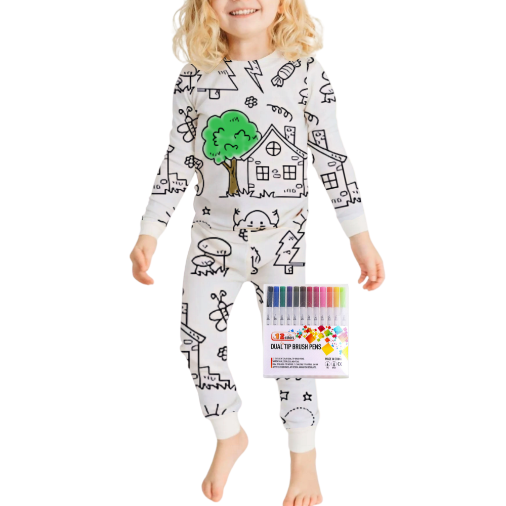 Pijama à colorir da Bjutir com estampa de desenhos de sonhos e casa, roupa de dormir confortável para relaxar e criar.