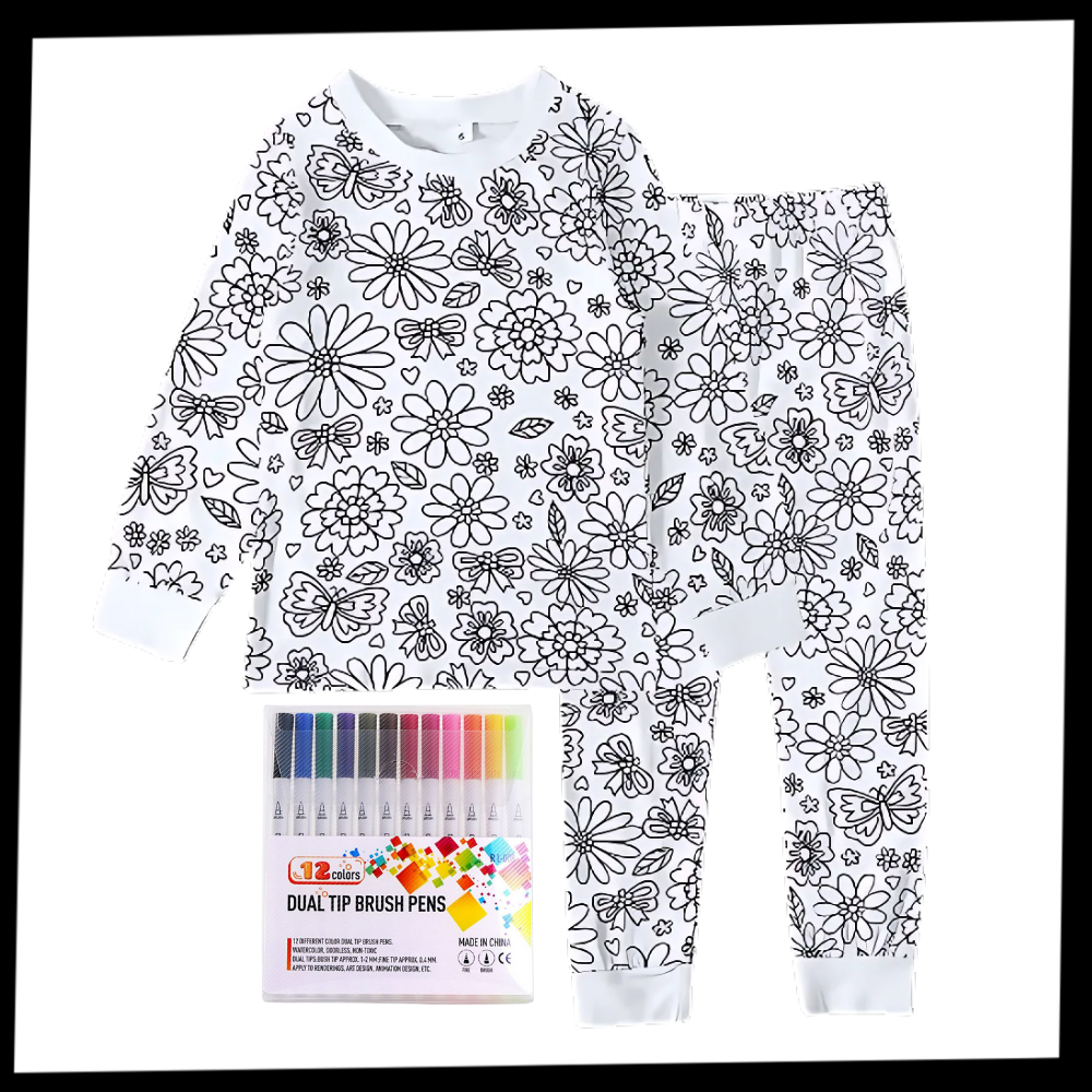 Pijama à colorir da Bjutir, roupas de dormir com desenhos de rabiscos para decorar e usar em momentos de relaxamento.