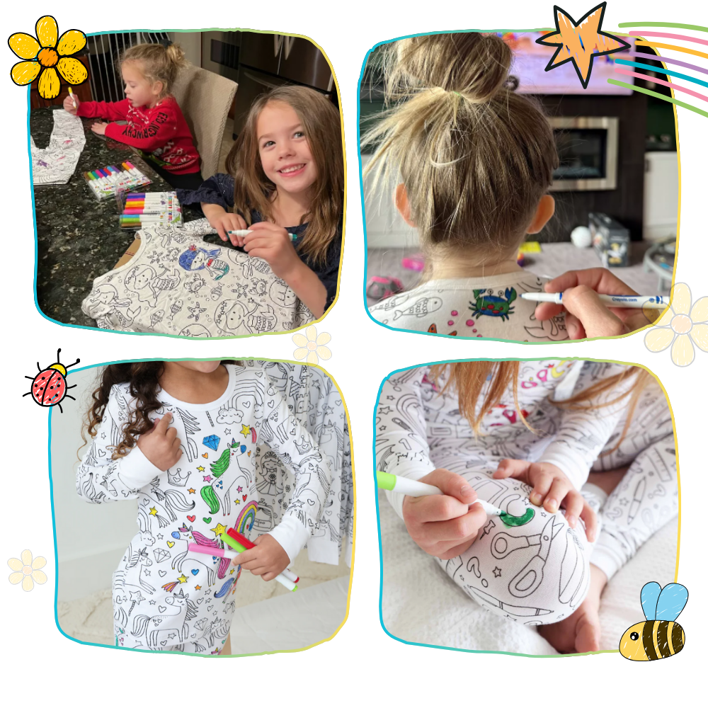 Conjunto de pijamas à colorir da Bjutir com desenhos de doodle para relaxar e criar, roupa de dormir e lazer para crianças.