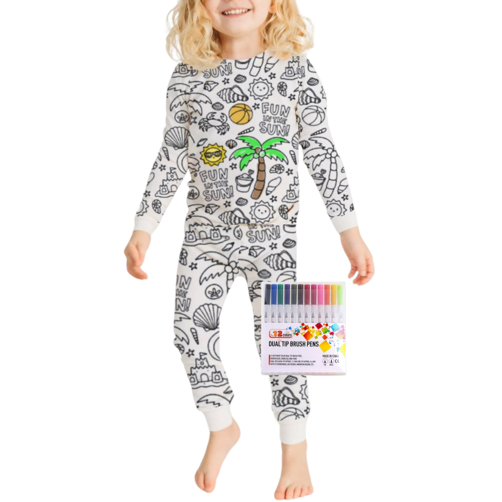 Pijama à colorir da Bjutir com desenho de ondas e sol, roupa de dormir confortável para crianças que gostam de desenhar.