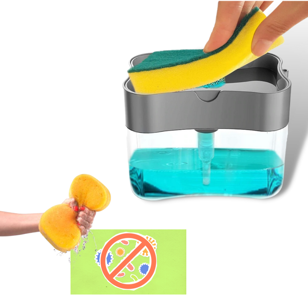 Distributeur de détergent de cuisine Doubleking avec porte-éponge, design pratique pour dispenser savon et lotion.