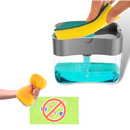 Distributeur de détergent de cuisine Doubleking avec porte-éponge, design pratique pour dispenser savon et lotion.