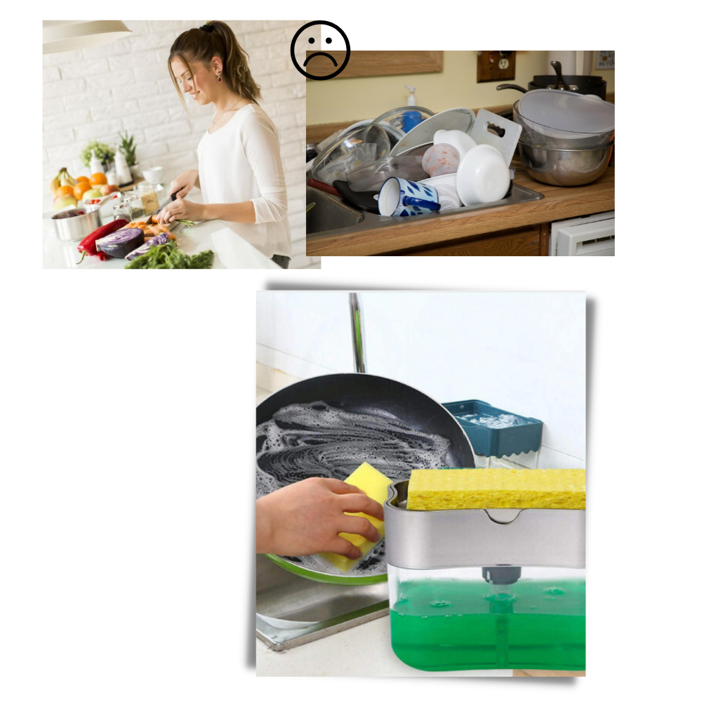 Distribuidor de detergente de cozinha Doubleking com porta-esponja, para sabonete líquido e lotion, em material plástico branco.