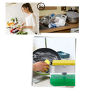 Distribuidor de detergente de cozinha Doubleking com porta-esponja, para sabonete líquido e lotion, em material plástico branco.
