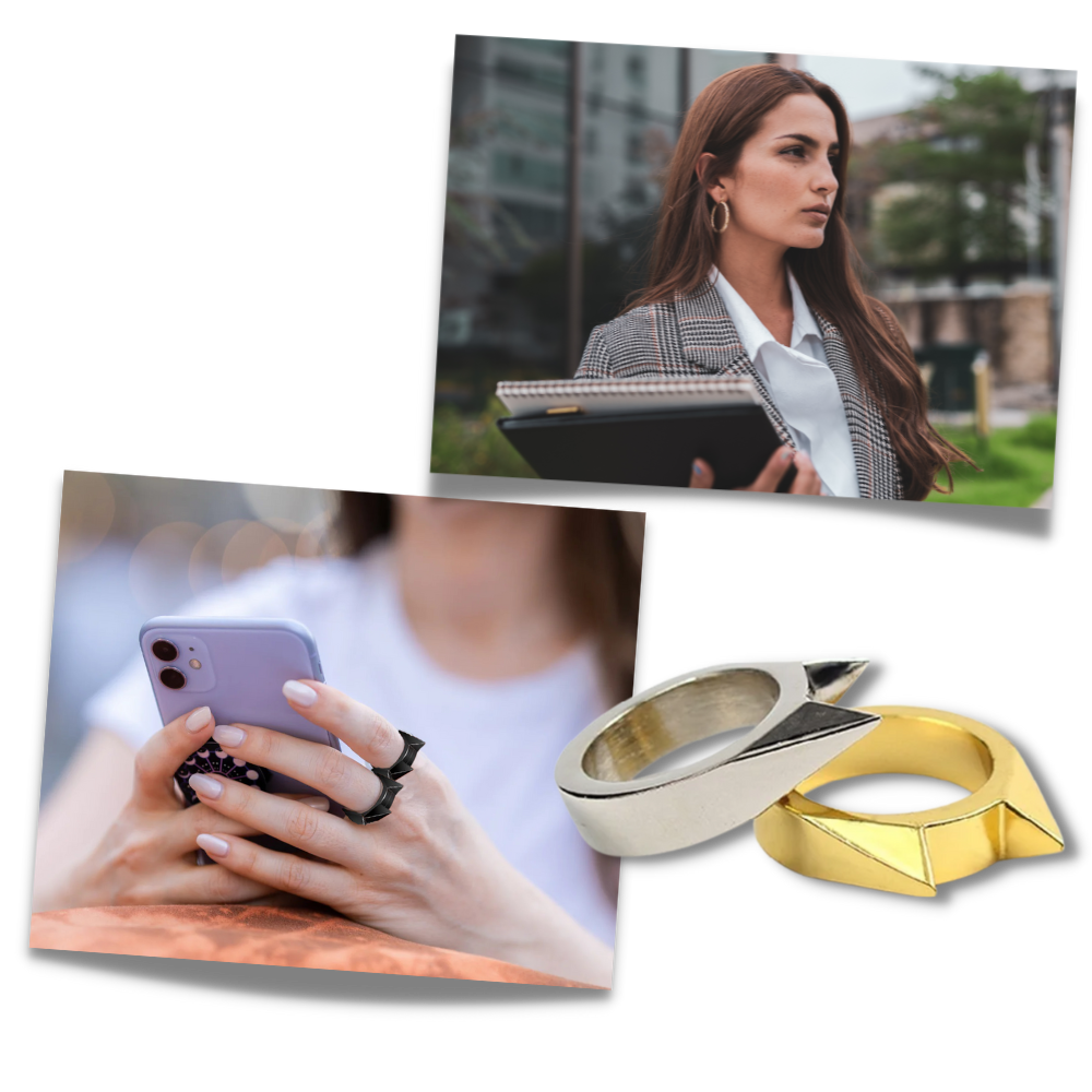 Anel de defesa pessoal com detalhes de orelhas de gato, da marca Dp-iot, feito de metal com design discreto e funcional.