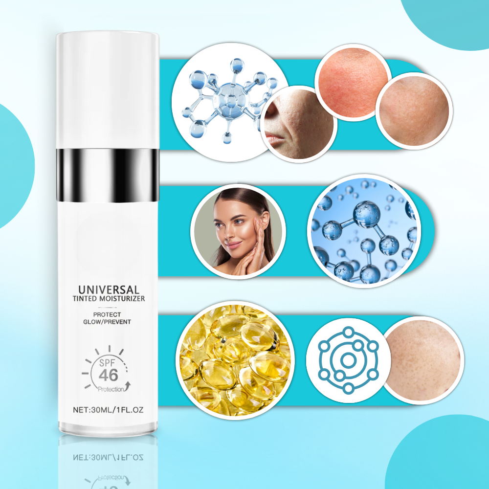 Creme teintée Drmtlgy para brilho e hidratação, embalagem com frasco de cosméticos, textura cremosa e acabamento natural.