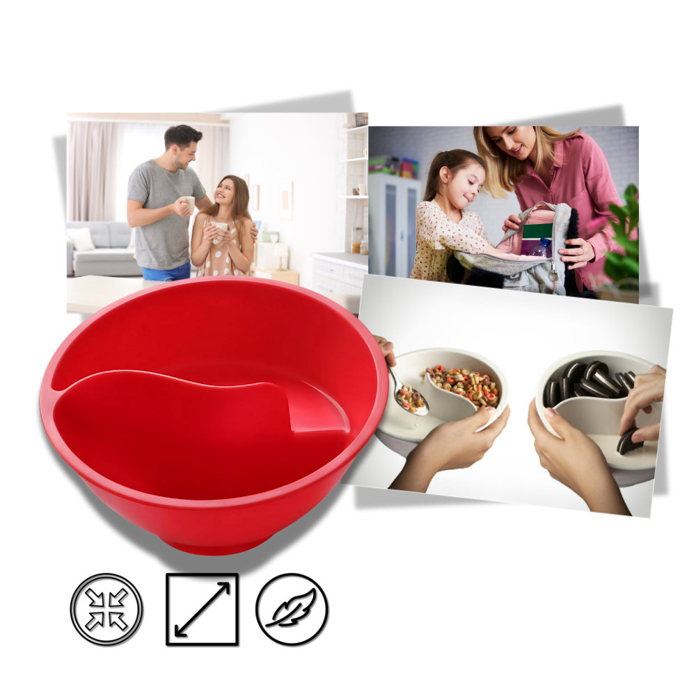 Tigela de cereais Dido com separador seco e úmido, utensílio de artes de mesa para uso diário, vista da tigela com divisórias.